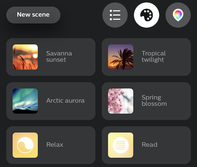 O menu de seleção de cena no aplicativo Philips Hue.