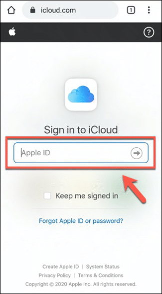 Iniciar sessão no iCloud online no Android