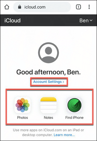 O painel da web do iCloud mostrado no Android