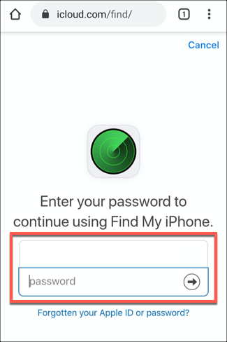 A tela de login para o serviço iCloud Find iPhone, exibida em um navegador Chrome no Android