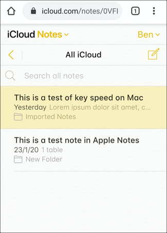 iCloud Notes, mostrado no Android usando o navegador Chrome