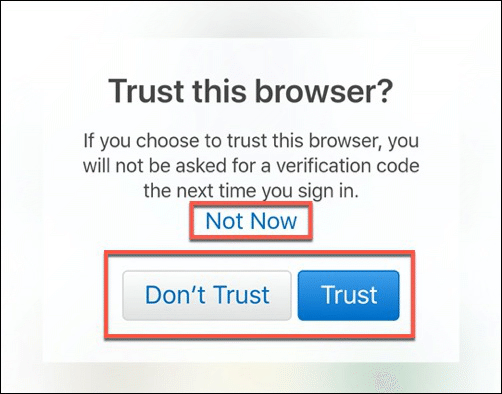 Clique em Confiar para confiar em seu dispositivo ao fazer login no iCloud no Android