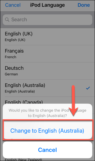 Selecione um idioma e toque na opção Alterar para para confirmar a alteração no iOS