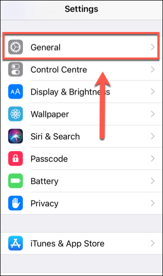 Toque em Geral no menu de configurações do iOS