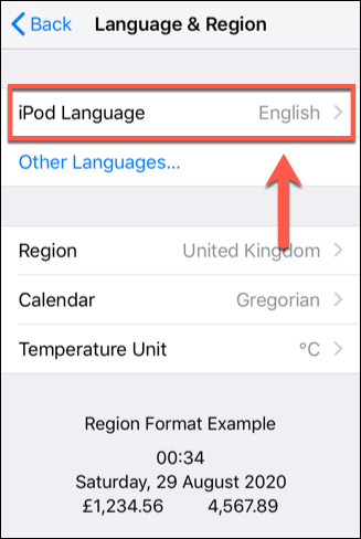 Toque na opção Idioma do seu dispositivo iOS no menu Idioma e Região