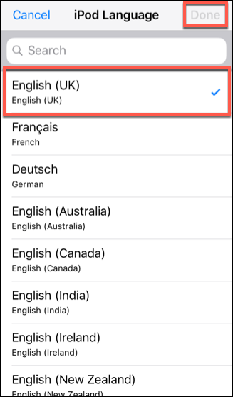 Selecione um idioma do iOS e pressione Concluído para confirmá-lo.
