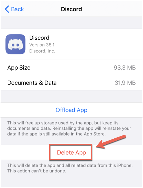 Toque em "Excluir aplicativo" no menu "Discord" do seu iPhone ou iPad.