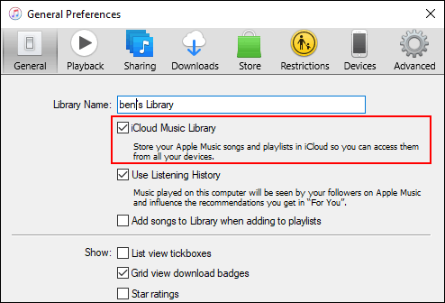 Na guia Geral das preferências do iTunes, clique na caixa de seleção Biblioteca de música iCloud