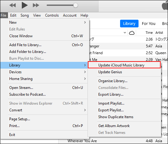 No iTunes, clique em Arquivo, Biblioteca e Atualizar Biblioteca de Música do iCloud