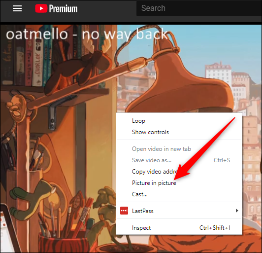 Clique com o botão direito do mouse no vídeo e, em seguida, clique com o botão direito no vídeo novamente para ver este menu de contexto com o modo Picture-in-Picture