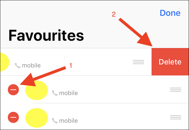 Toque no ícone vermelho à esquerda do nome e, em seguida, toque no botão excluir