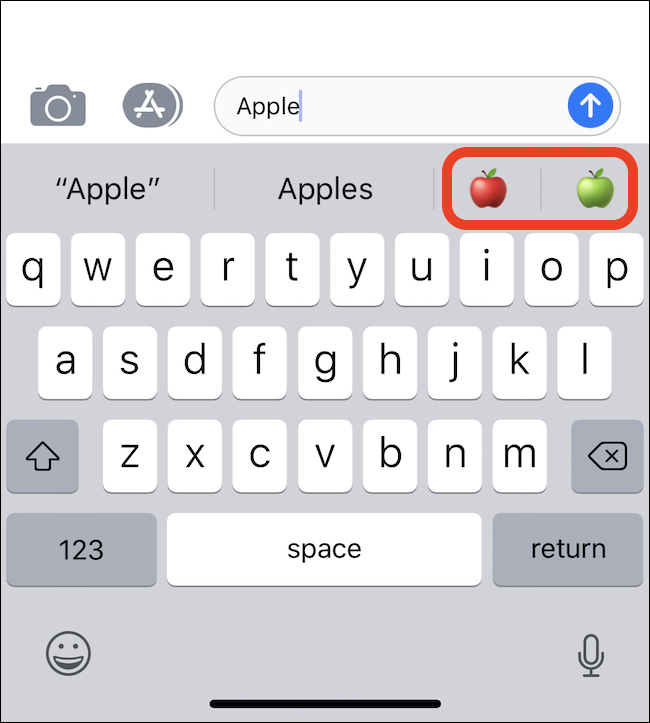 digitar Apple faz com que o emoji da apple apareça na barra QuickType