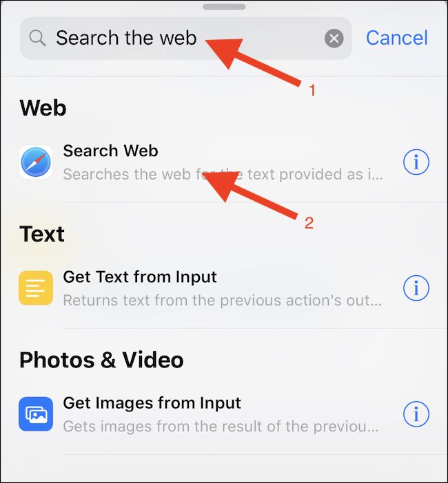 Pesquise uma ação "Pesquisar na Web" e toque nela.