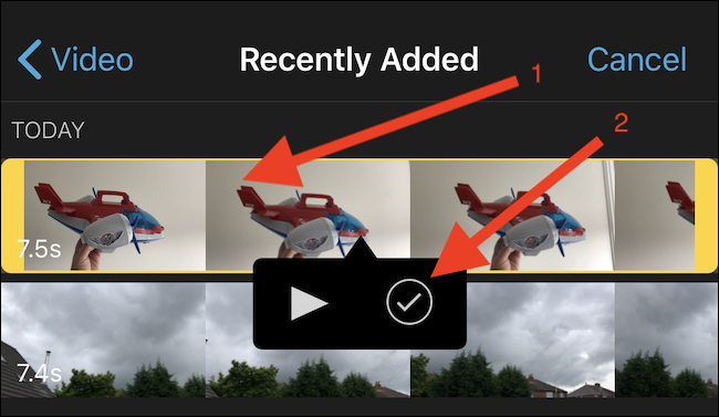 Navegue até o vídeo que será usado como base para o novo projeto e toque nele.  Em seguida, toque no botão da marca de seleção.