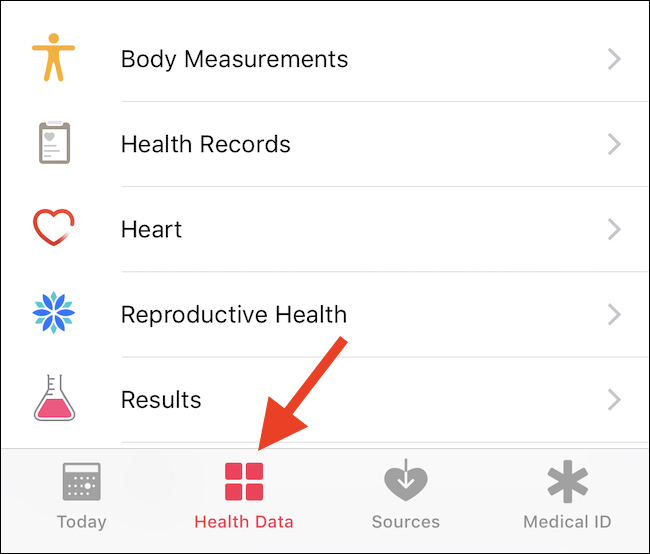 Abra Health e toque em Health Data