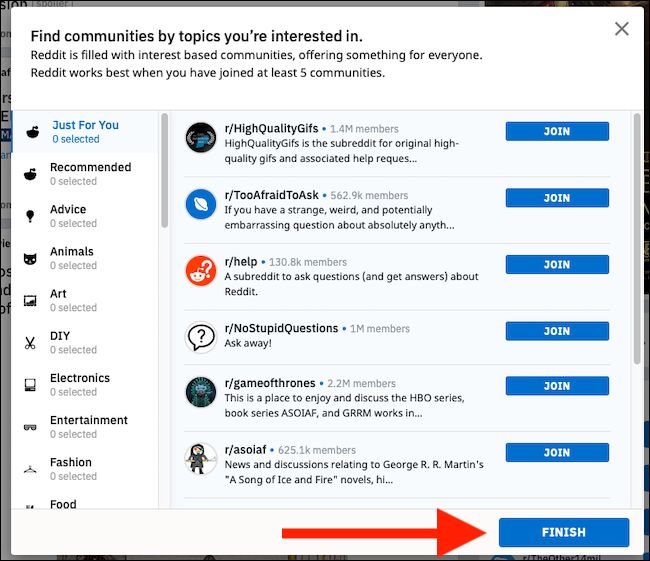 Desmarque quaisquer sub Reddits e clique em Concluir