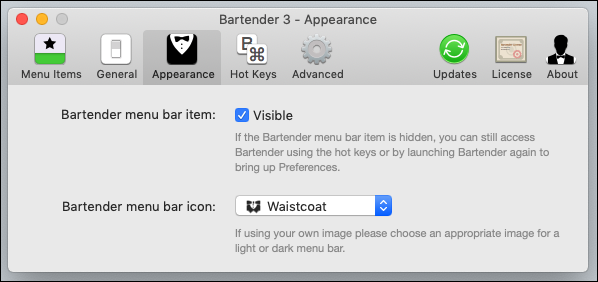 As opções na guia "Aparência" do Bartender.