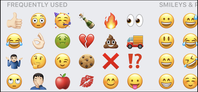 captura de tela de emoji usados ​​com frequência no iOS