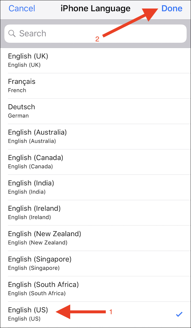 Selecione um idioma.  Toque em Concluído