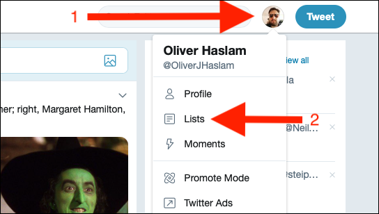 Clique na imagem do seu perfil no Twitter e, em seguida, clique em "Listas".