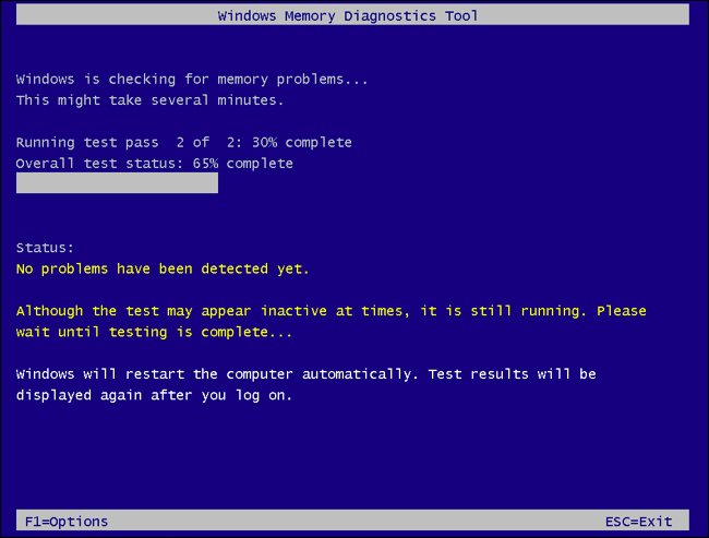 A ferramenta de diagnóstico de memória do Windows verificando a RAM