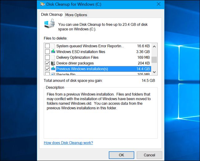 Opção de instalação (ões) anterior (es) do Windows na Limpeza de disco