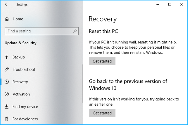 Volte para uma versão anterior das opções de recuperação do Windows 10