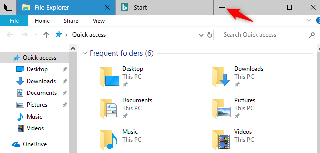 Conjuntos no Windows 10 mostrando o botão de nova guia