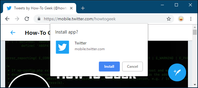 A seção "Instalar aplicativo?"  pop-up no Google Chrome.