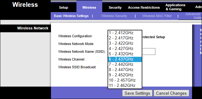página de configurações do roteador wi-fi mostrando canais de 2,4 GHz