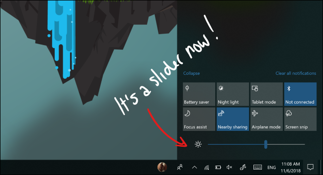 O controle deslizante de brilho no centro de ação do Windows 10