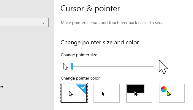 Página de configurações de cursor e ponteiro do Windows 10