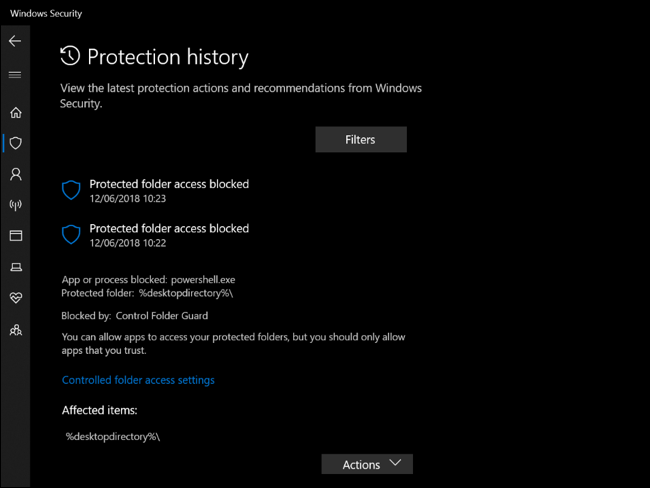 Histórico de proteção na segurança do Windows