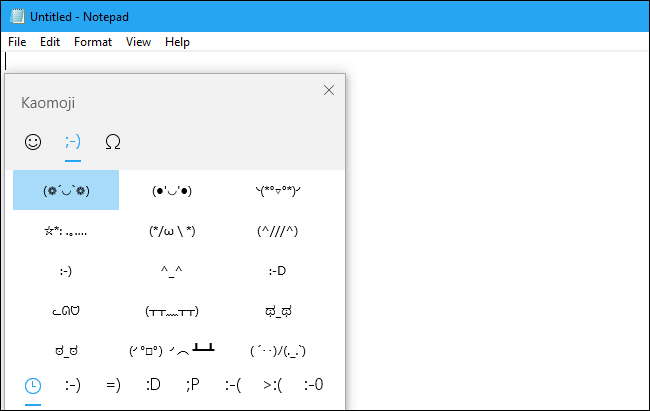 Kaomoji no painel de emoji do Windows 10