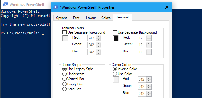 Configurações experimentais de terminal no PowerShell