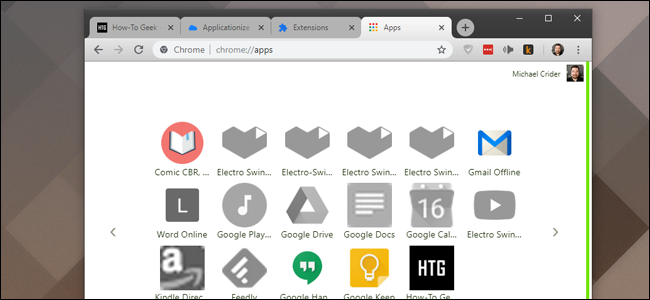 Página de aplicativos do Chrome.  A nova extensão está na parte inferior.