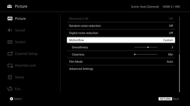 Configurações de imagem em uma TV Sony