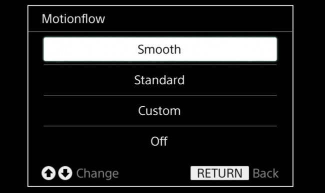 Opções de Motionflow em uma TV Sony