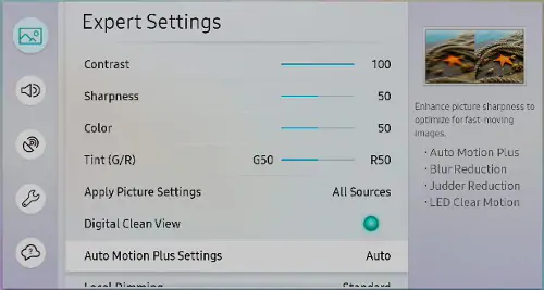 Configurações do Auto Motion Plus em uma TV Samsung