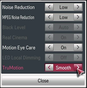 Configurações de suavização de movimento TruMotion em uma TV LG