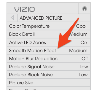 Opções de efeitos de movimento suave em uma TV Vizio