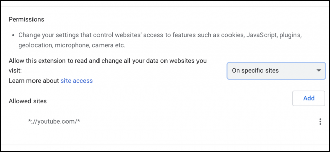 lista de permissões de sites permitidos