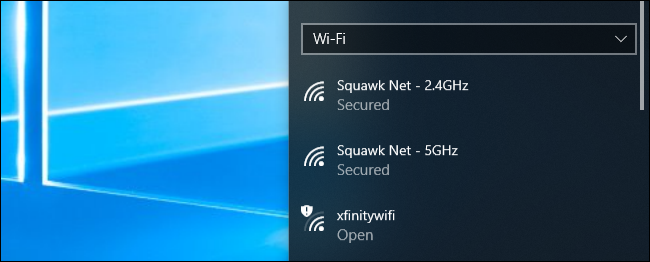 Menu de conexão de rede Wi-Fi no Windows 10