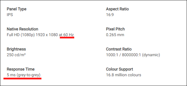 A folha de especificações para um monitor Dell.  Observe a diferença entre a taxa de atualização e o tempo de resposta.