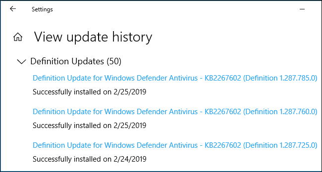 Histórico de atualização mostrando atualizações de definição de malware no Windows 10