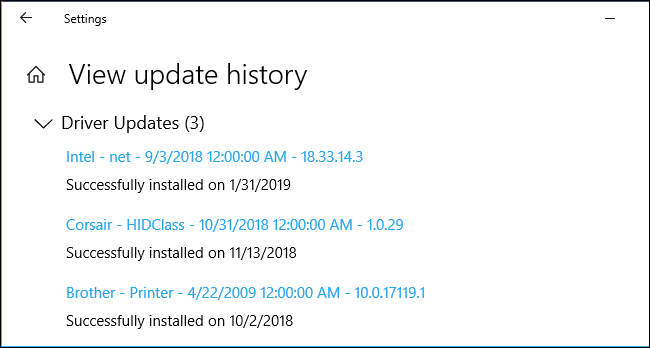 Histórico de atualização de driver nas configurações do Windows 10