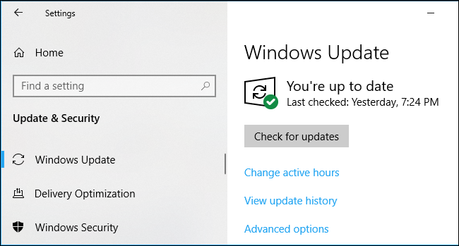 Configurações do Windows Update no Windows 10