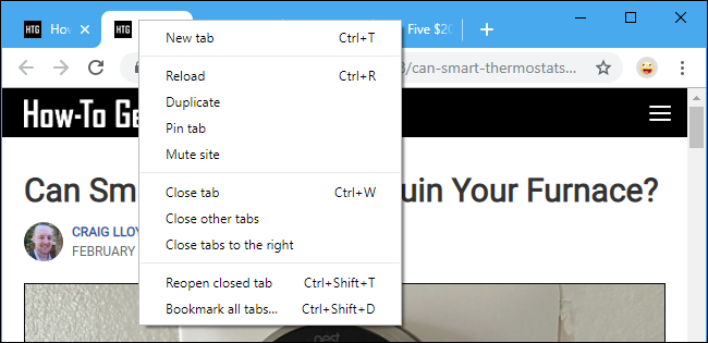 Menu de contexto da guia no Google Chrome
