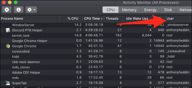 Lista de usuários do Activity Monitor