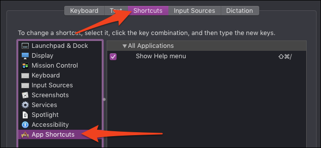 Painel de atalhos do aplicativo de preferências de teclado